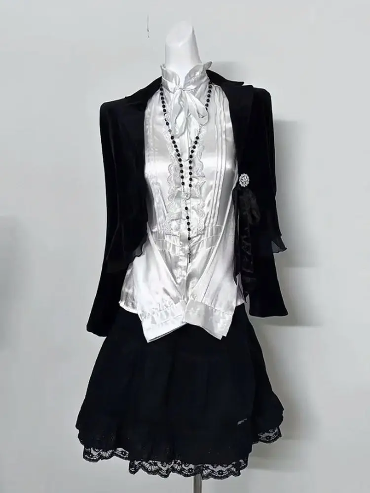 

Франция Винтажный черный кардиган с длинным рукавом + однотонные футболки + черная короткая юбка, комплекты из трех предметов, женские элегантные повседневные весенне-осенние комплекты