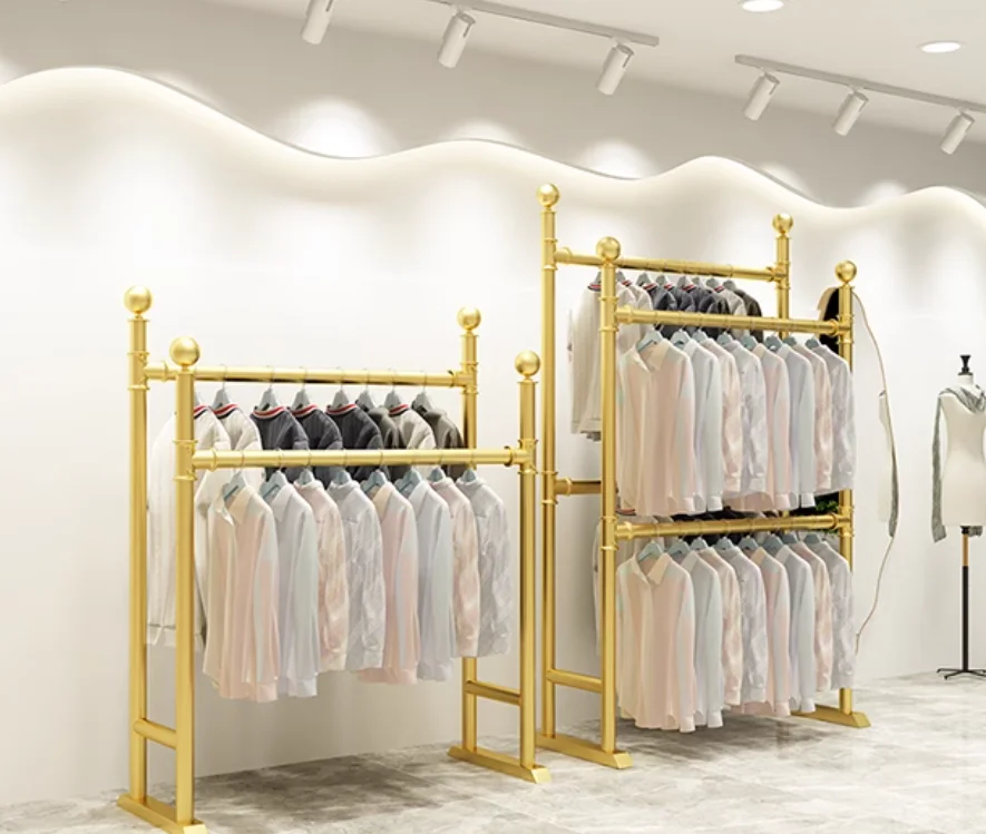 Clothing store displays shelf parallel bars side hanging floor hangers