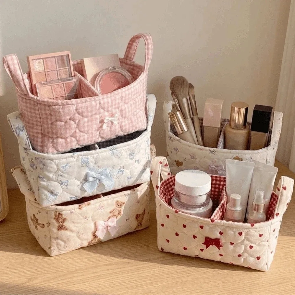 Cotton Small Quilted Storage Basket Square Space Saving Floral Bow Storage Basket Folding with Partition