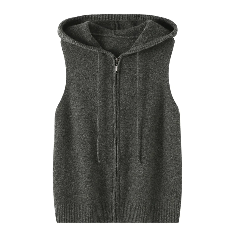 100% pure cashmere vest ladies zipper drawstring hooded cardigan sleeveless sweater vest.