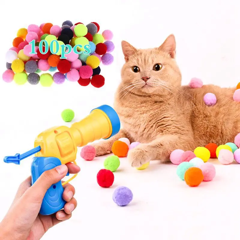 Interactive Cat Toys Launch Training Toy For Pet Kitten Creative Mini Shooting Gun Games Stretch Plush Ball Toys Pet Supplies