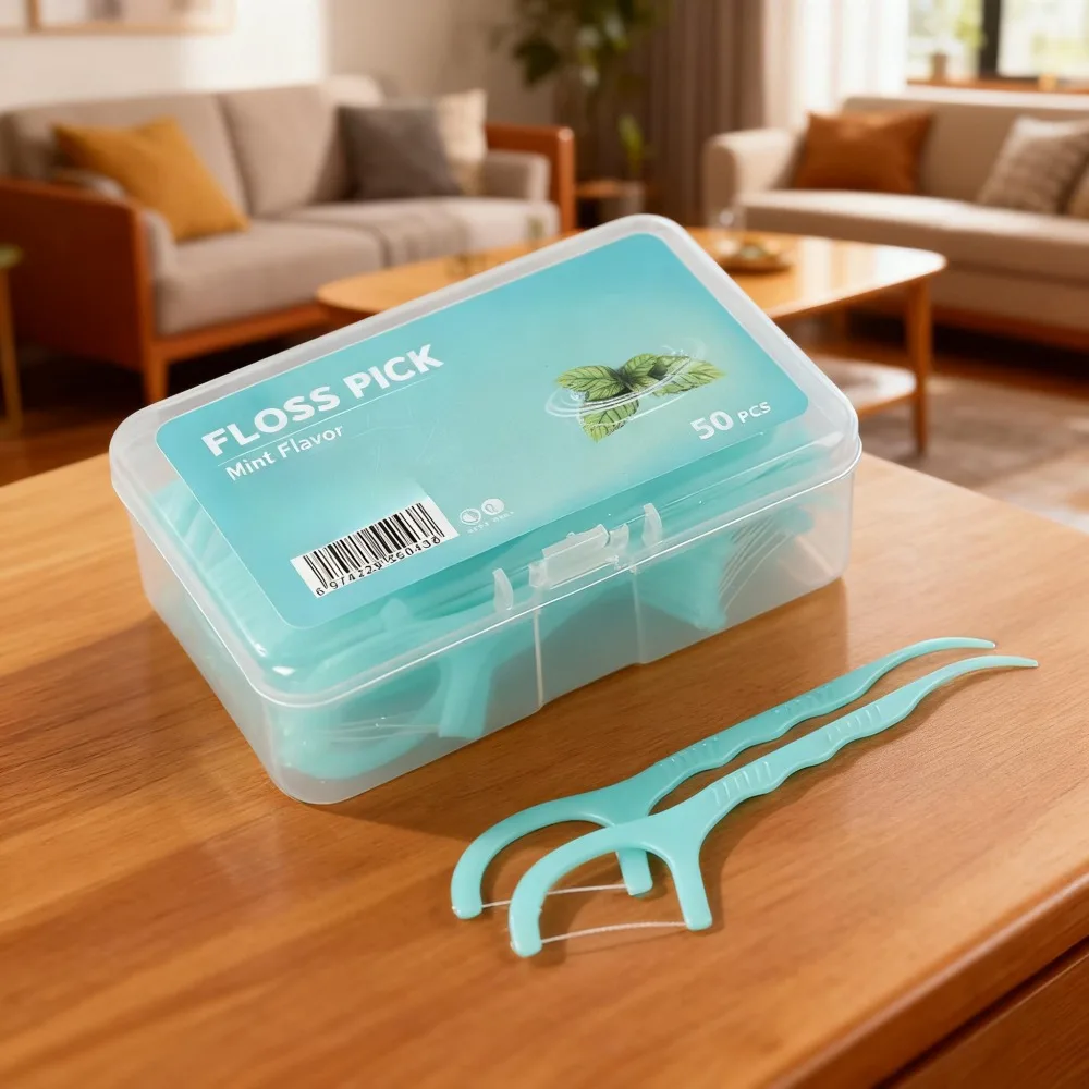 2 Boxes Mint Flavor Blue Dental Floss Picks, 50 Count Per Box Disposable Teeth Floss Sticks, High Tensile Anti-Shred Flossers with Portable Storage Case for Family Daily Oral Cleaning