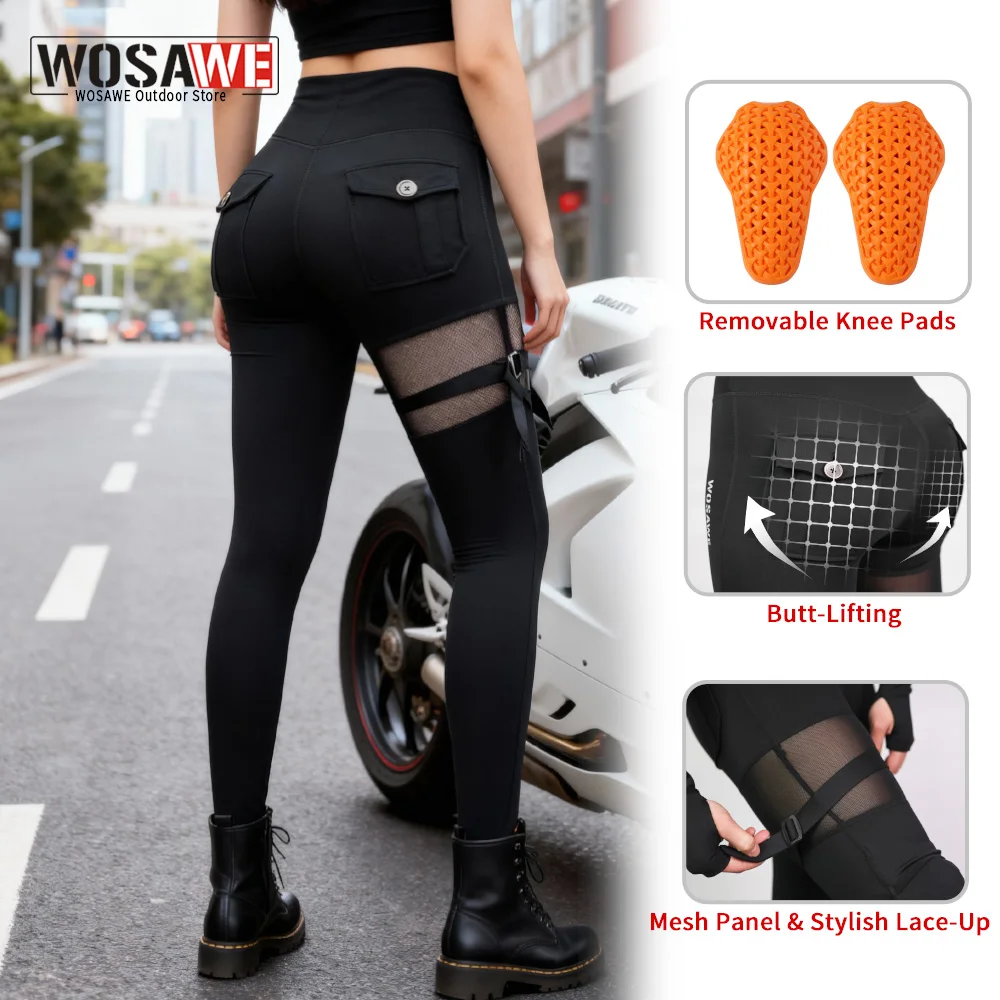 wosawe-女性用オートバイパンツ-ソフト膝パッド付き-フィットネス女性用レギンス-ハイウエスト-通気性のあるレースメッシュ-ヨガジムパンツ