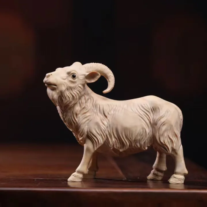 Zodiac sheep leader animal ornament lobular boxwood carving solid wood handicrafts living room decoration home sheep carving