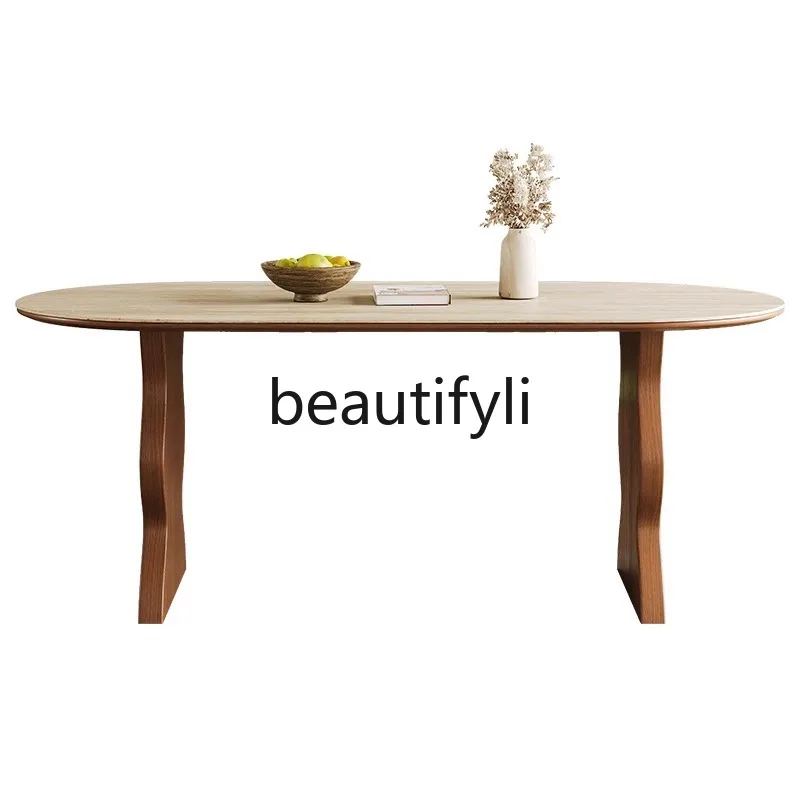 

French retro travertine slate, dining table, antique solid wood ash wood wabi sabi dining table, living room home dining table