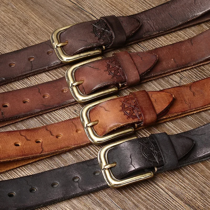 3.8CM Men High Quality Genuine Leather Belt Luxury Designer Copper Buckle Engrave Belts Pure Cowskin Strap Male Jeans for Man