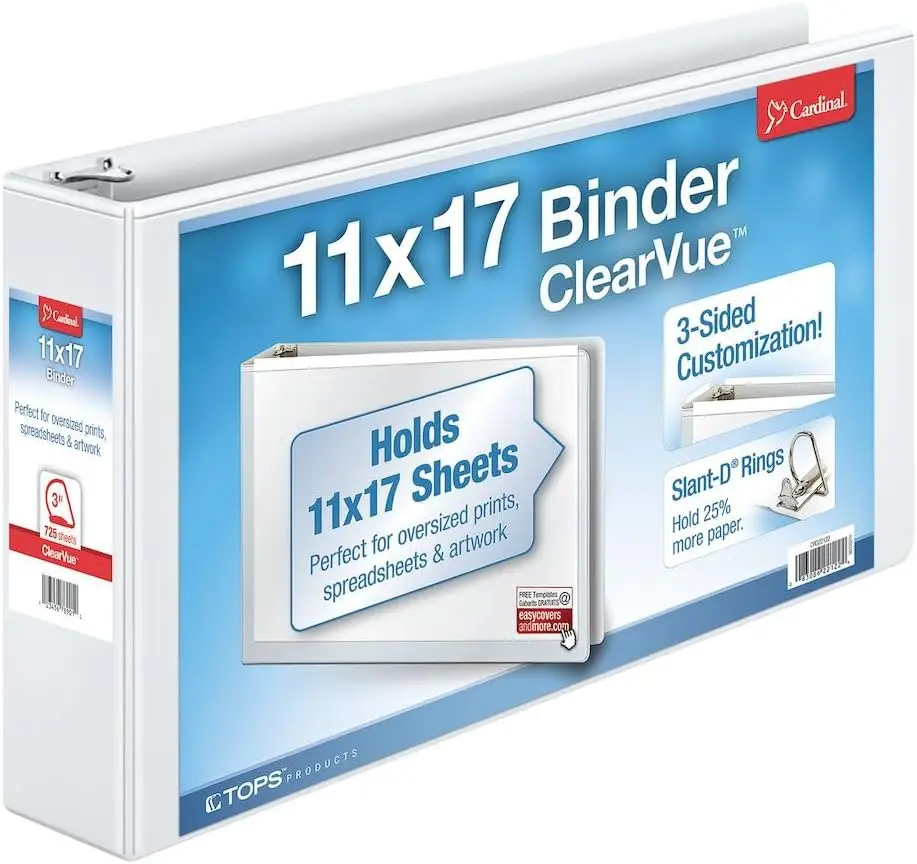 

11x17 Tabloid Binder with 3" Rings, Clear View, 63% Recycled White Cover for Documents