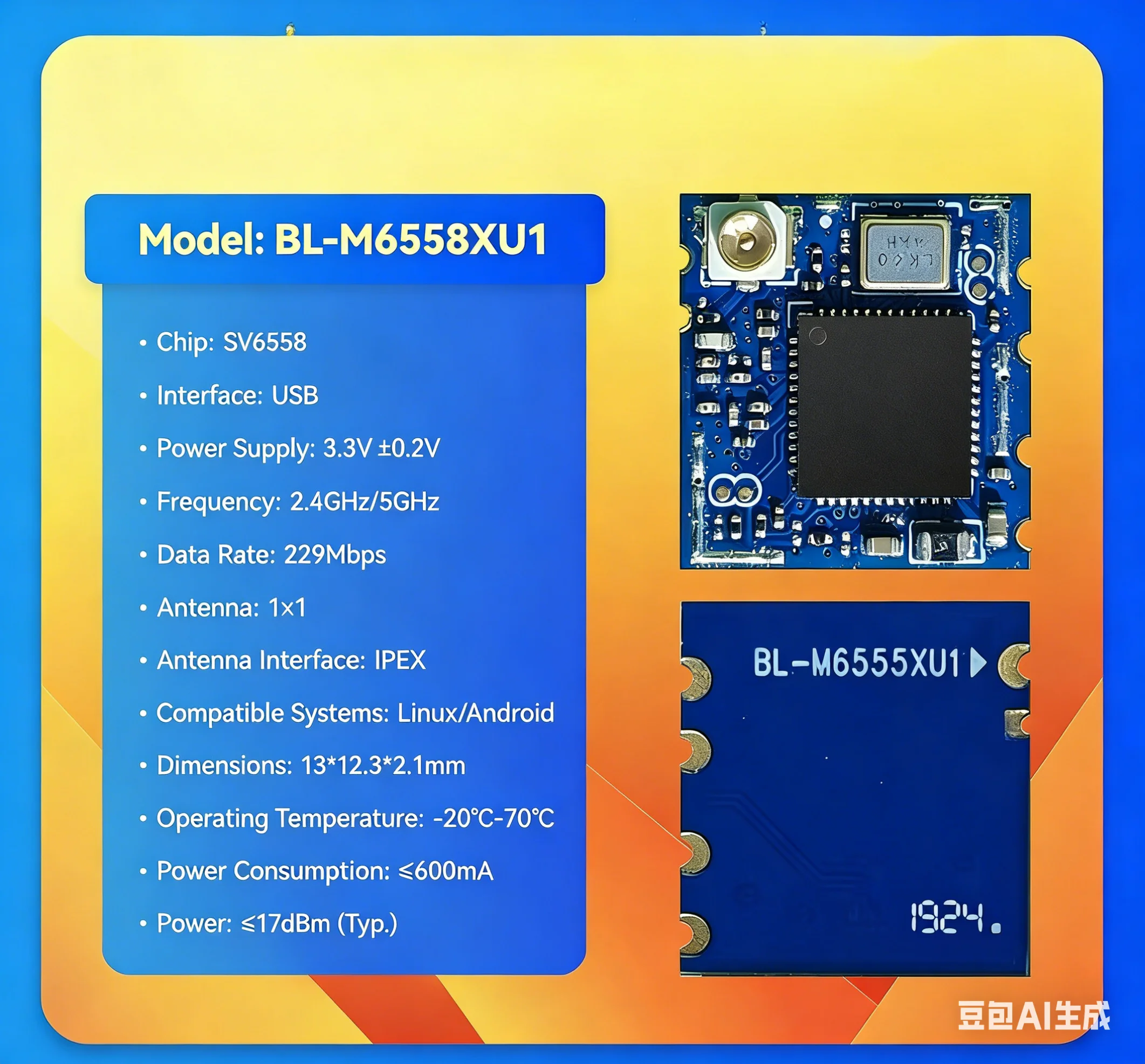 M6558XU1 WiFi6 Module SV6558 Chip Dual Band 2.4G/5G Wireless WiFi Bluetooth 5.0 USB Module for Camera