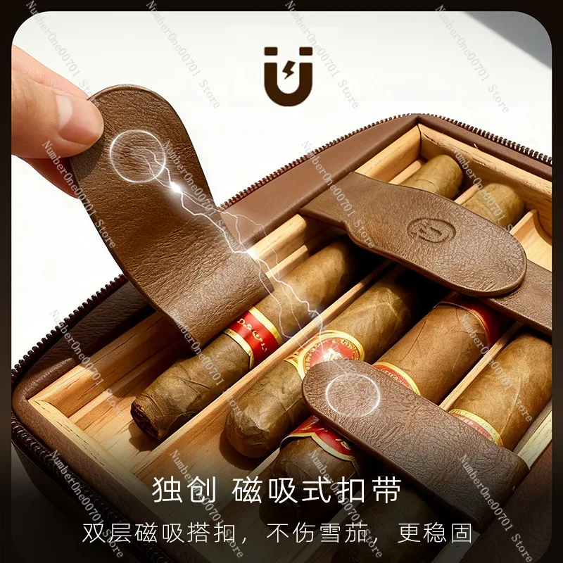 Portable Cigar Humidor, 6 Cedar Wood Capacity, Leather Case with Magnetic Closure & Double-Sided Storage