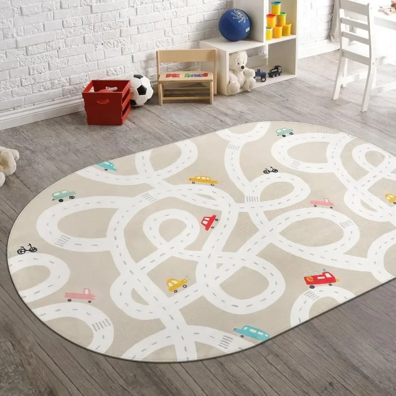 Large Kids Rug for Playroom, 4'x6' Washable Road Rug for Nursery, Non-Slip Car Rug for Boys Room