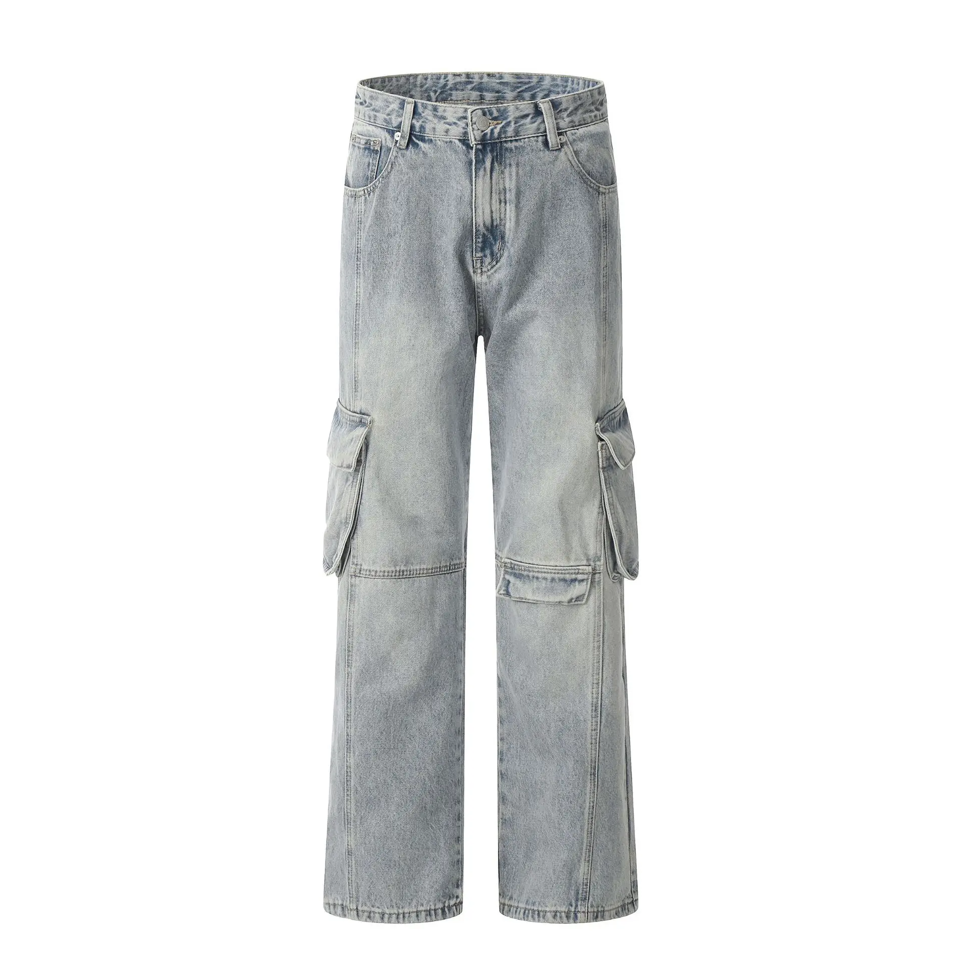 

Loose Casual Blue Denim Work Trousers ex Waed Multi-ket Retro Straight Leg Wide Leg Jeans High Waist Long Pants