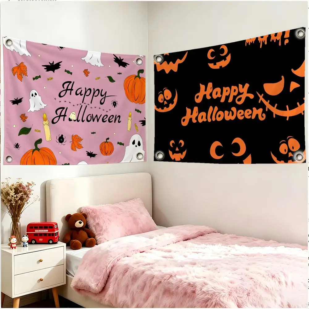 Holiday Spooky Halloween Happy Flags Four Ring Borderless Art Decor Indoor Outdoor Use Simple Hang And Install