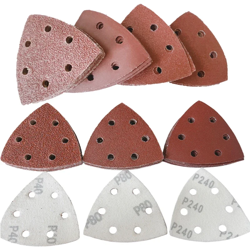10 pezzi fogli triangolo carta vetrata rossa 90 * 90 * 90mm 6 fori levigatura gancio e anello 40 -240 grana disco abrasivo abrasivo per levigatura del legno