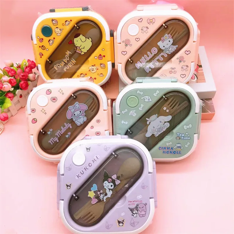 New Sanrio Kuromi Melody Pudding Dog Kitty Plastic Compartment Lunch Box Microwave Japanese Tableware Insulated Bento Box Quick