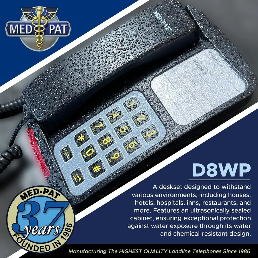 D8WP Waterproof Desk Set Telephone w Ring inUse Light Indicator Office and Home Phone with Large Buttons, Full Volume Control, C