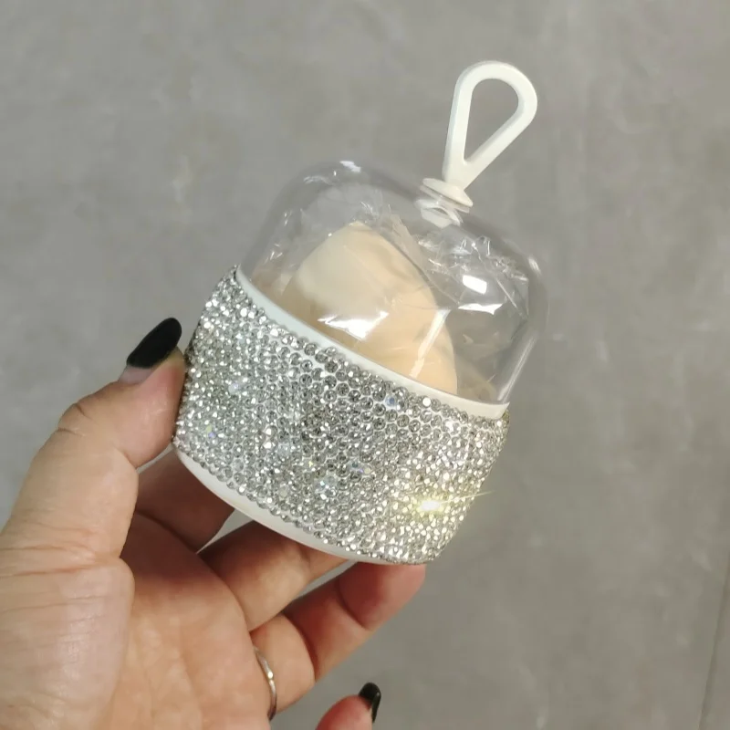 High appearance level beauty egg storage box artificial diamond-encrusted portable dustproof super soft with lid do not eat pink