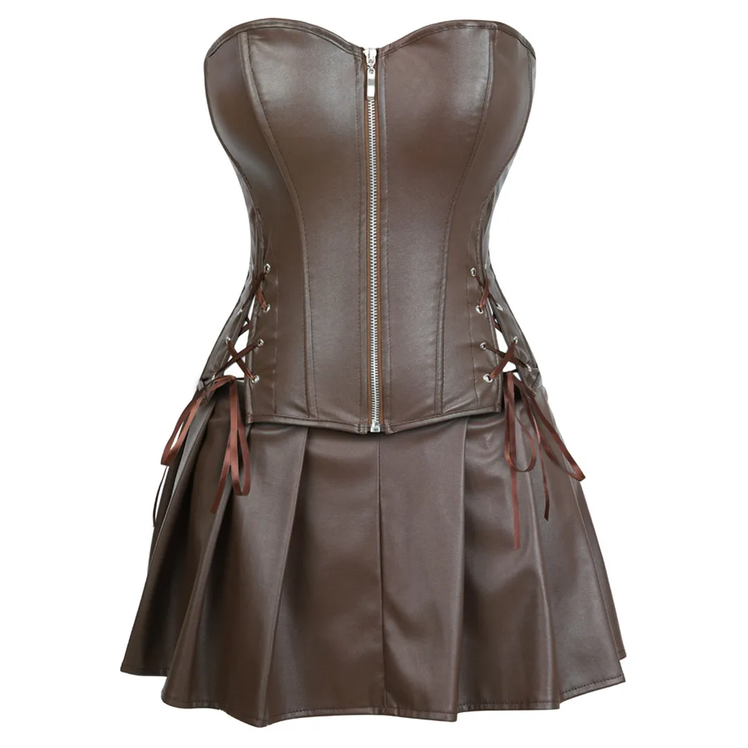 Sexy Leder Korsetts Rock Set Overbust Burlesque Zipper Gothic Punk Bustier Frauen Steampunk Lace Up Korsett Kleid Plus Größe
