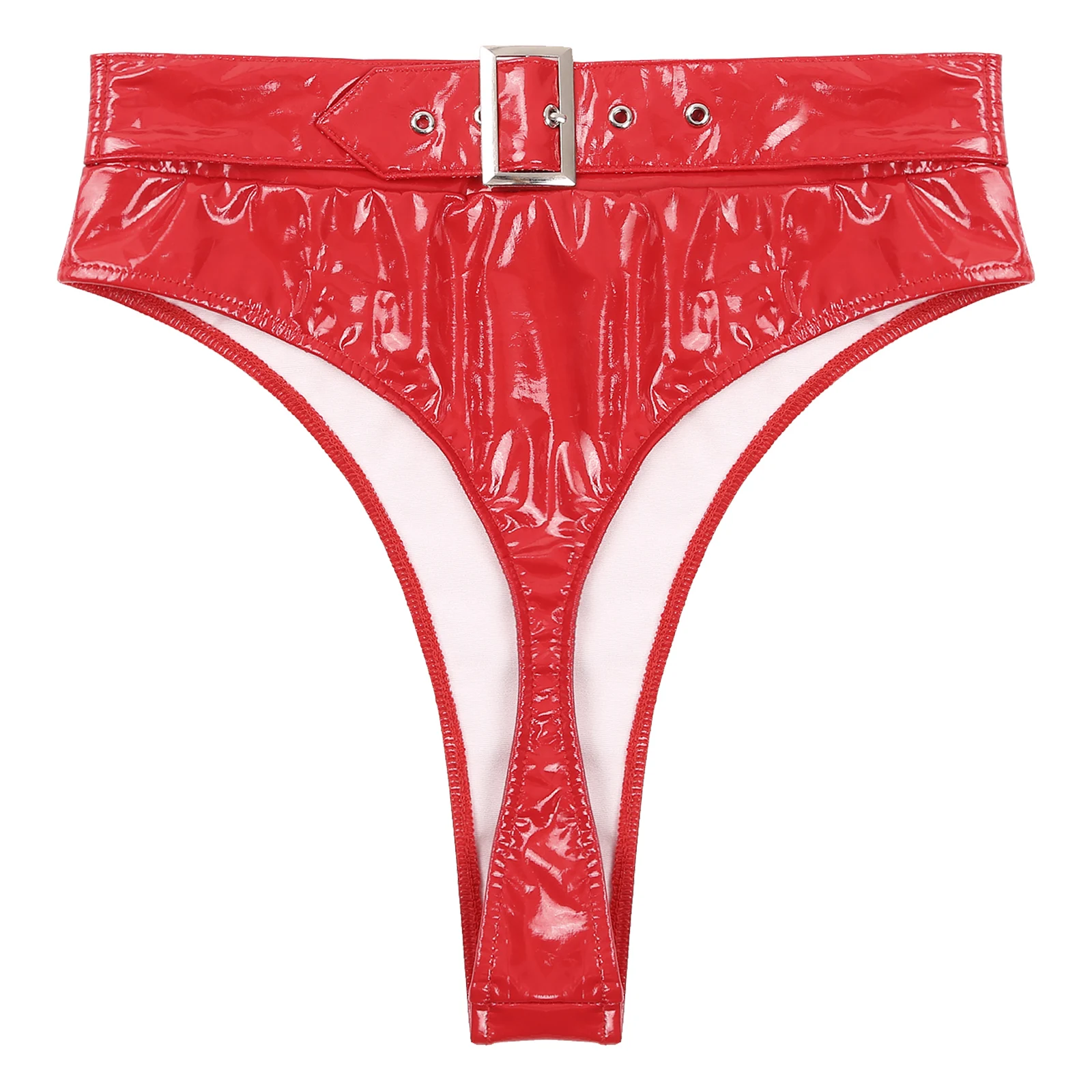 Tanga Sexy de cintura alta para mujer, braguitas de charol brillante, ropa de discoteca con hebilla ajustable en la espalda, bragas con cinturón, Pole Dancing