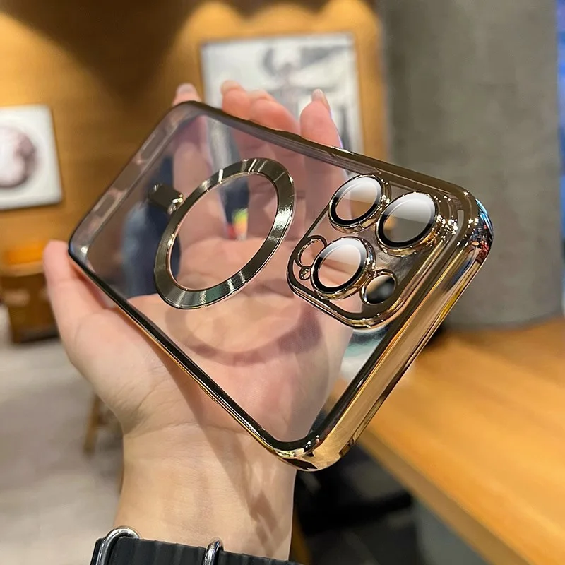 Funda de lujo magnética transparente cromada para iPhone 17 11 12 13 14 15 16 Pro Max, a prueba de golpes, silicona 2