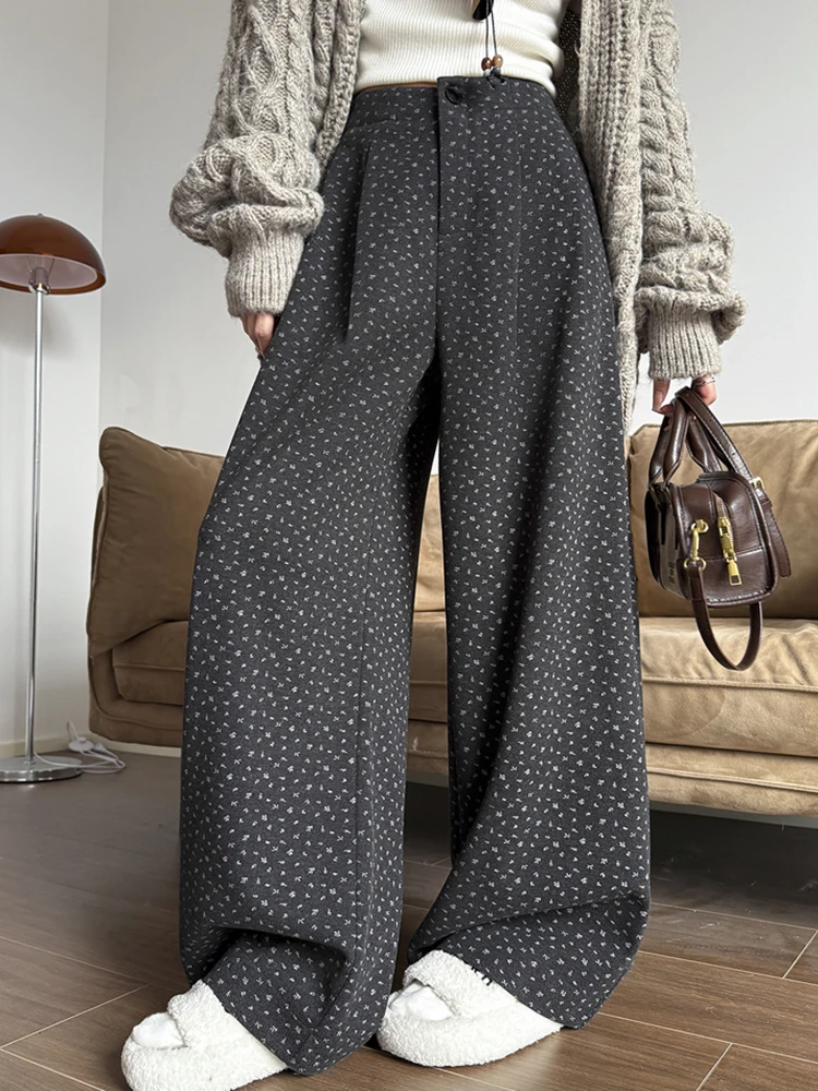 

Сладкие брюки из искусственной шерсти с цветочным принтом, женские свободные винтажные элегантные широкие брюки с высокой талией, повседневные осенне-зимние женские корейские брюки