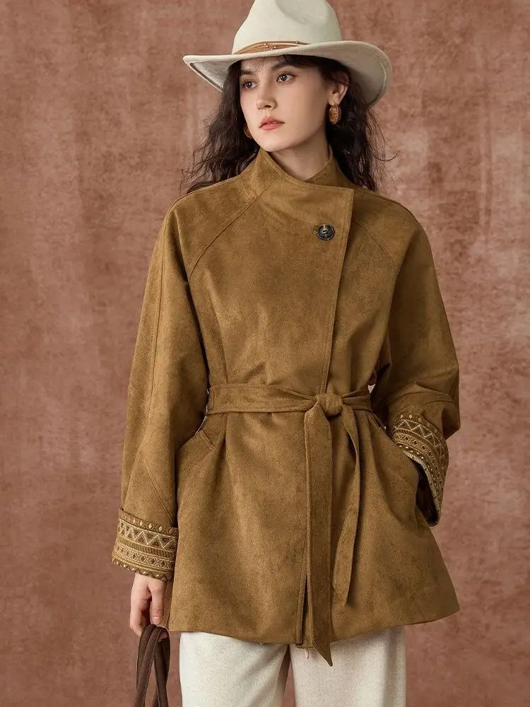 

Vintage Barn Style Suede Trench Coat Women's New Heavy Industry Embroidery Splicing Coat With Belt Windbreaker Khaki Brown Coat