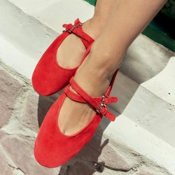 SUOJIALUN Autumn Women Flat Shoes Fashion Round Toe Shallow Slip On Ladies Red Ballerinas Shoes Soft Flat Heel Mary Jane Shoes