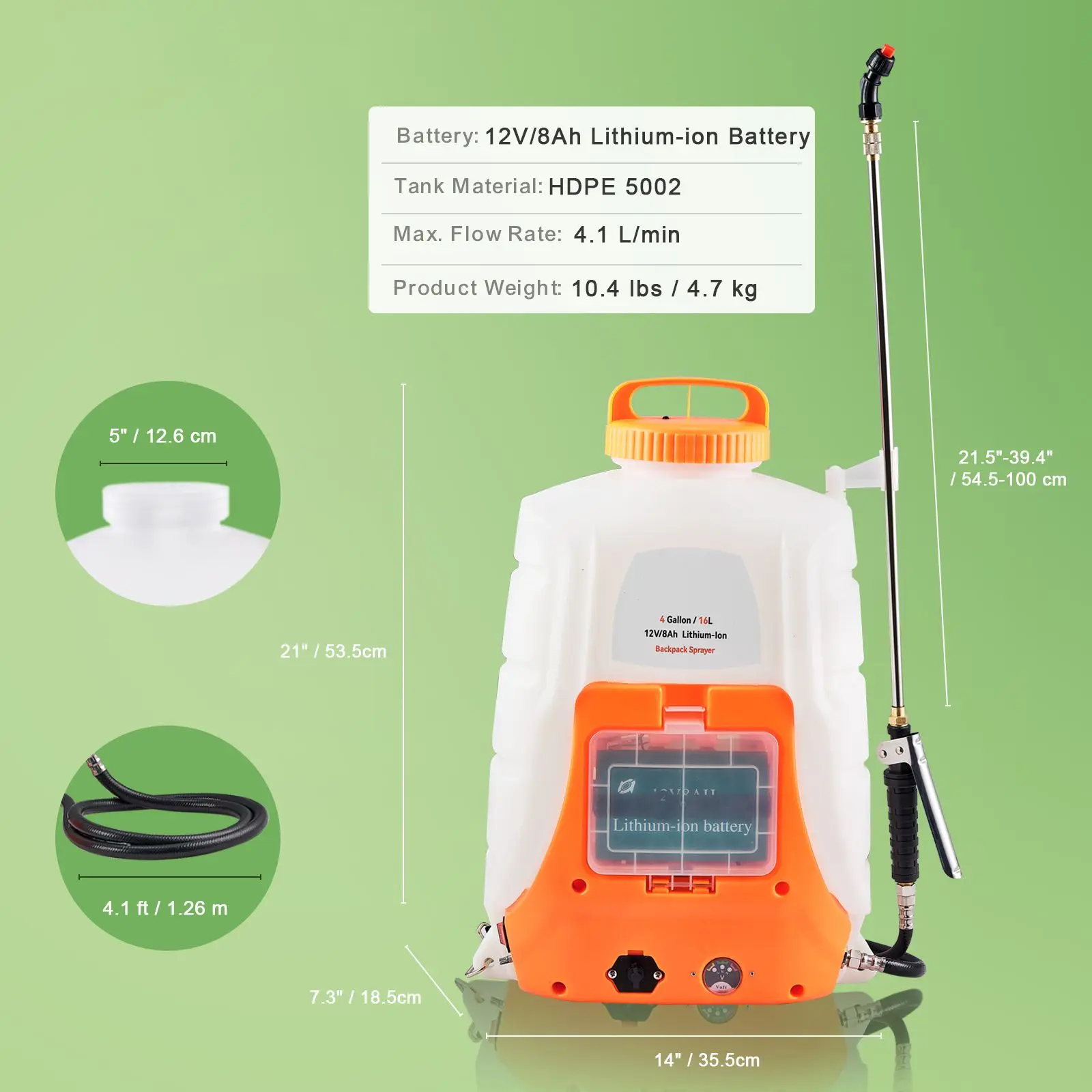 Battery Powered Backpack Sprayer, 0-90 PSI Adjustable Pressure, 4 Gallon Tank, Back Pack Sprayer with 8 Nozzles and 2 Wands, 12V 8Ah Battery, Wide Mouth Lid for Weeding, Spraying, Cleaning