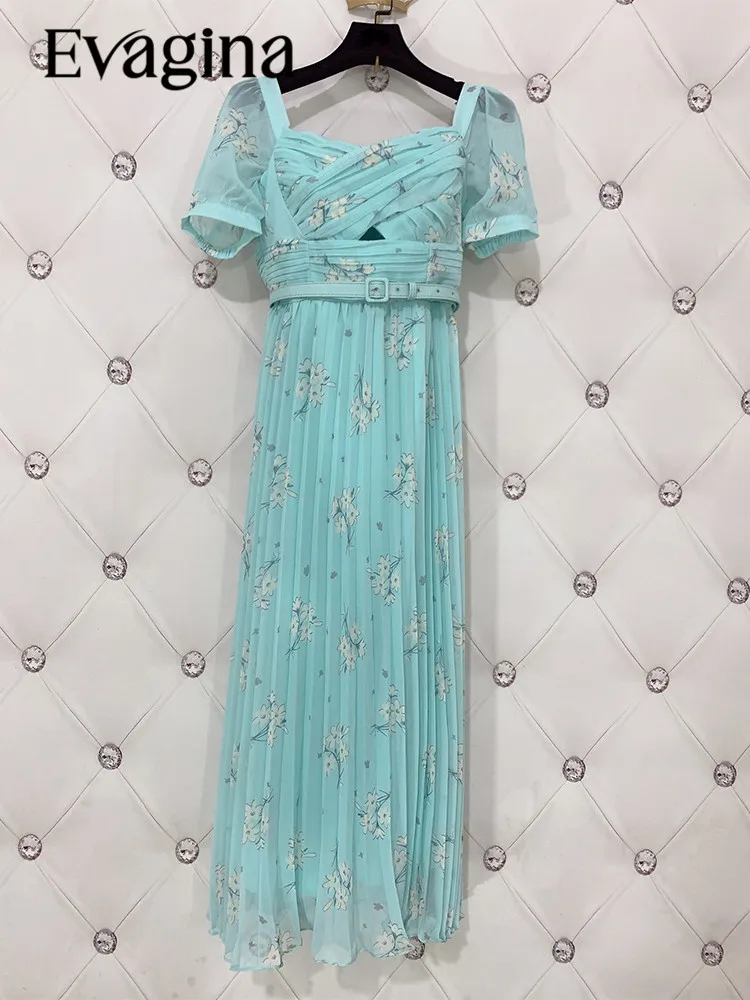 

Evagina Summer Chiffon Temperament Commuter Square Collar Digital Print Pleated Short Sleeve Slim Sky Blue Long Dress