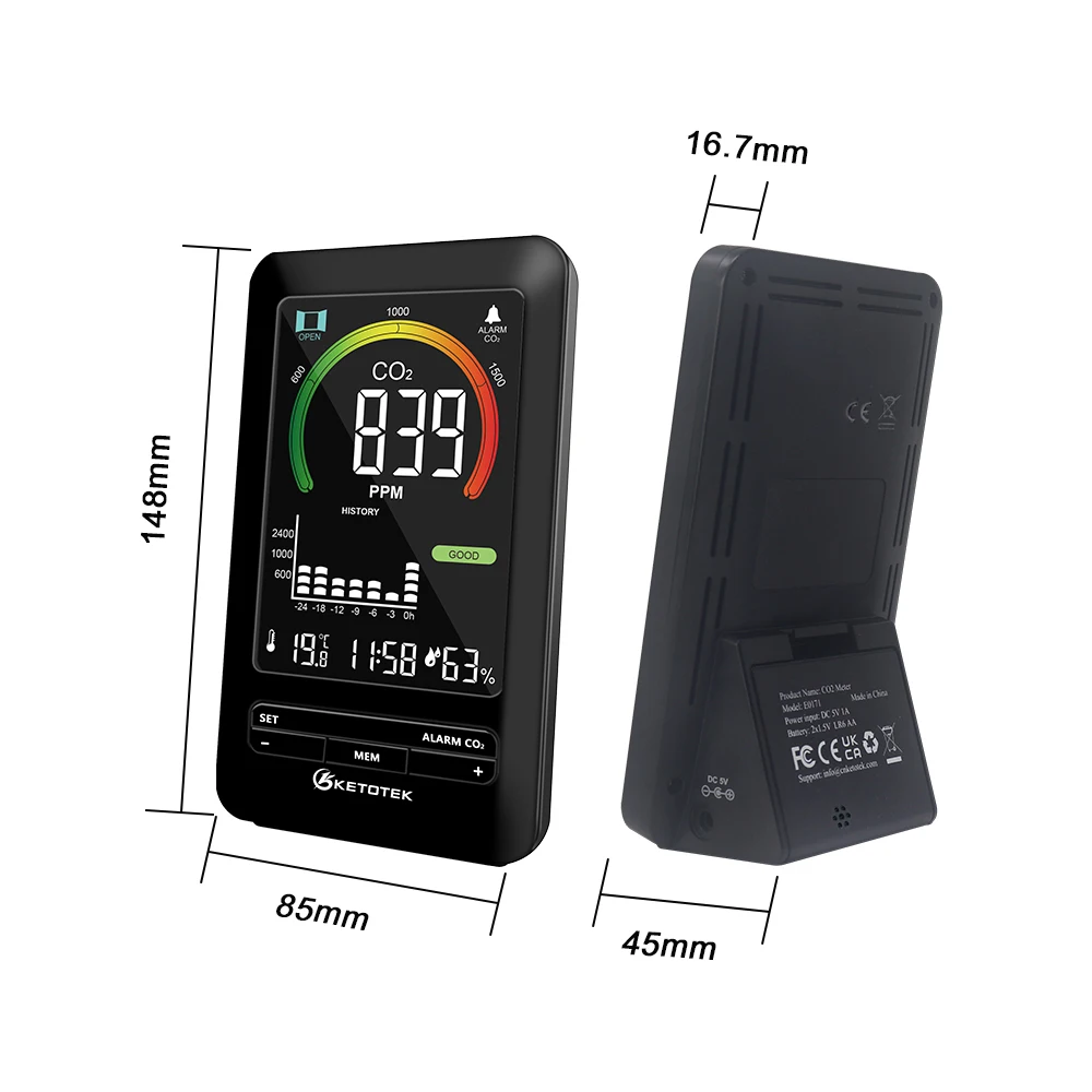 Imagem -06 - Detector de Co2 Monitor de Qualidade do ar Medidor de Umidade Temperatura de Concentração de Co2 Despertador Detecção de Dióxido de Carbono Analisador de Gás