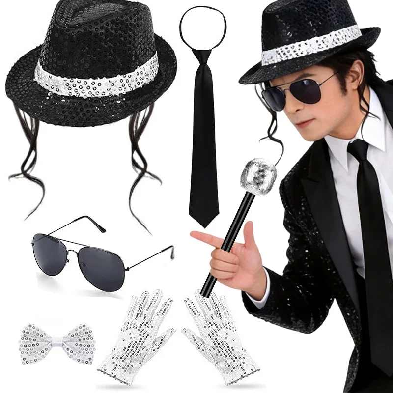 Conjunto de Chapéu, Gravata e Luvas com Lantejoulas para Performance de Palco, Estilo Cosplay Michael Jackson