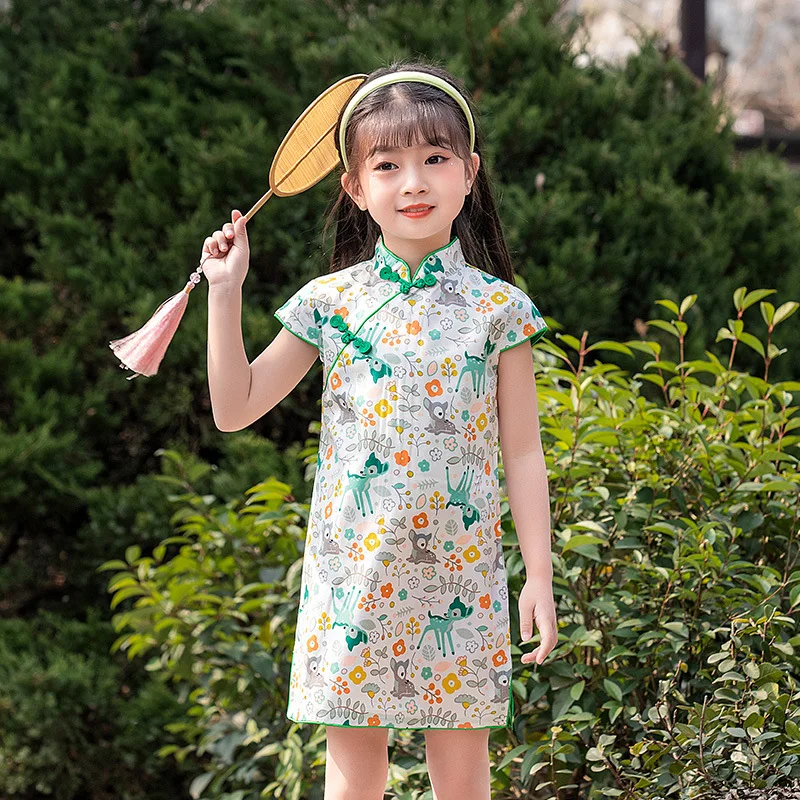 Summer Qipao For Girls 1-10 Years Kids Floral Mini Dress Teenager Chinese Style Cheongsam Traditional Ethnic Costumes