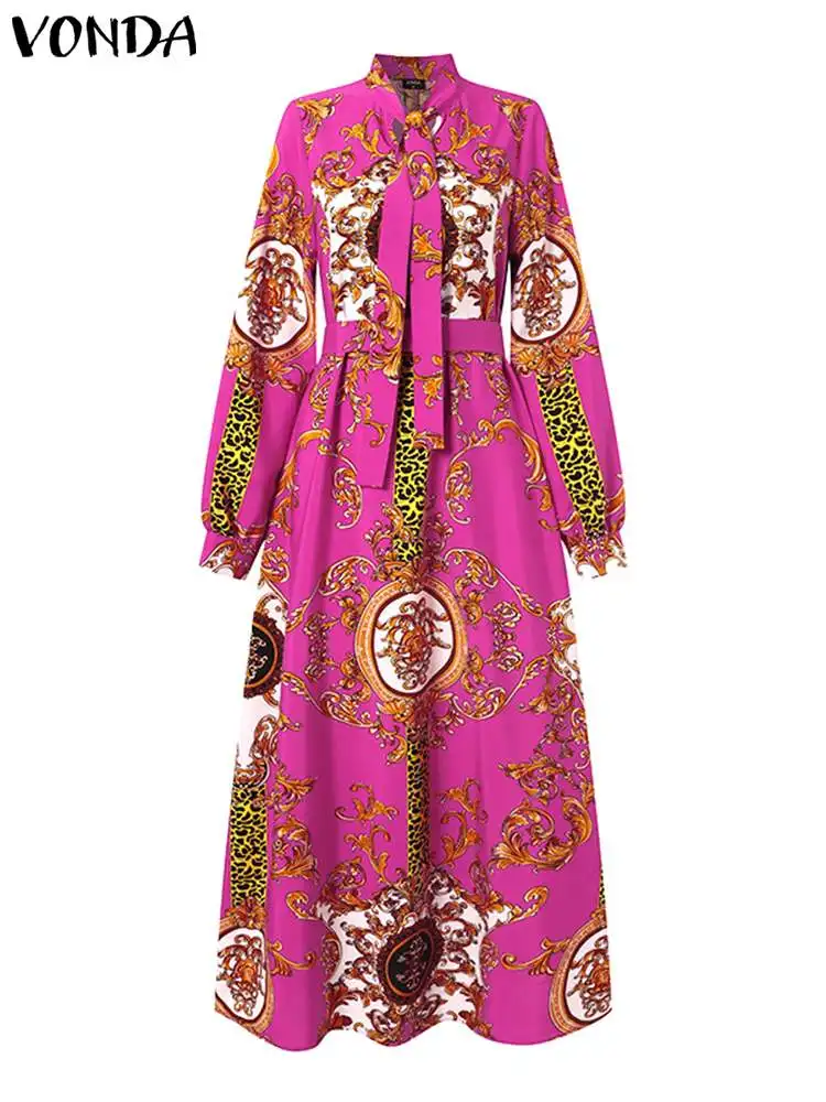 VONDA Oversized Long Dress Elegant Lantern Sleeve Printed Sundress 2024 Women Stand Collar Vintage Bandage Belted Casual Robe