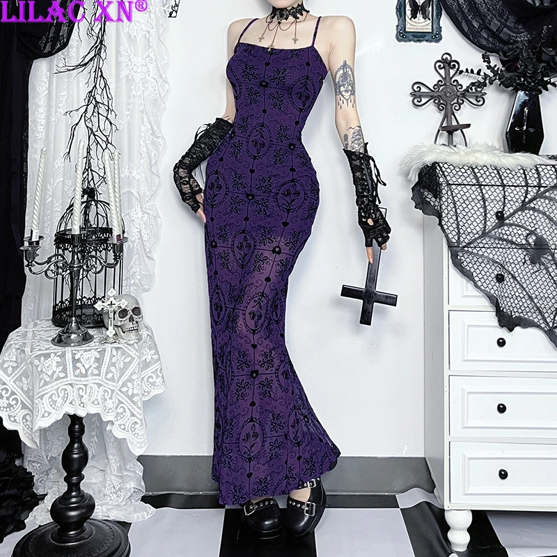 

Vintage Sexy Purple Lace Flocking Sleeveless Bodycon Party Dresses Y2K Goth Floral See Through High Slit Long Dress WomenFashion