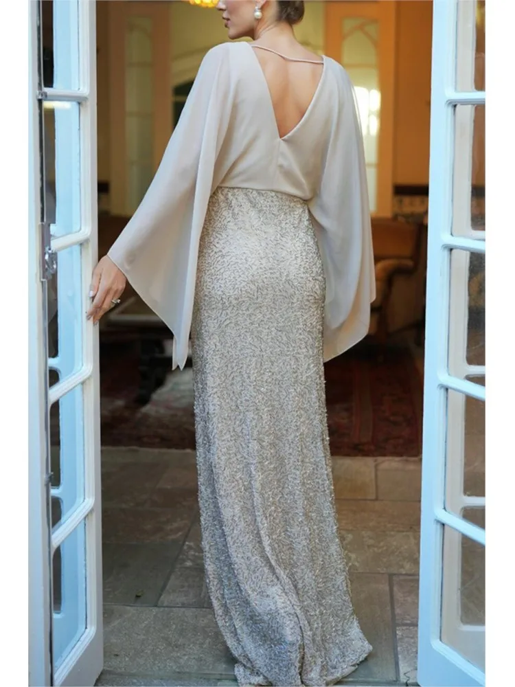 Gonna elegante a coda di pesce con paillettes da donna Nuova moda fiore scollo a V tinta unita gonna lunga a vita alta abito da sera per banchetti