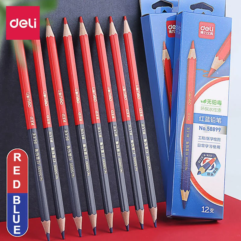 Deli Pensil Merah Biru HB Pena Warna Ganda untuk Anak-anak Dewasa Desain Gambar Teknik Industri Menandai Alat Tulis Pensil Kayu