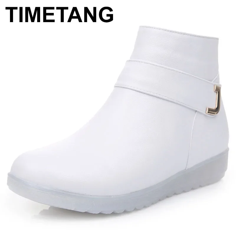 Botas de couro genuíno com laço feminino, botas de neve de algodão branco, sapato antiderrapante, com inclinação quente, enfermeira, inverno, nova moda, 2024