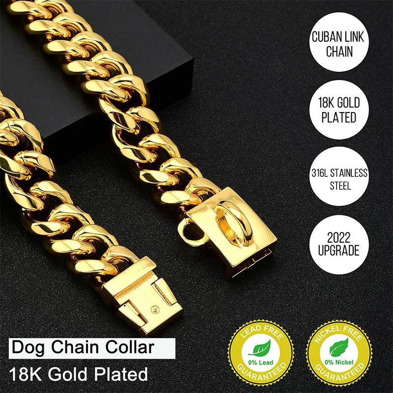 18K Gold Dog Collar Stainless Steel Cuban Link Chain 14mm Wide Metal Pet Necklace for Small Medium Large Dog Collar Product