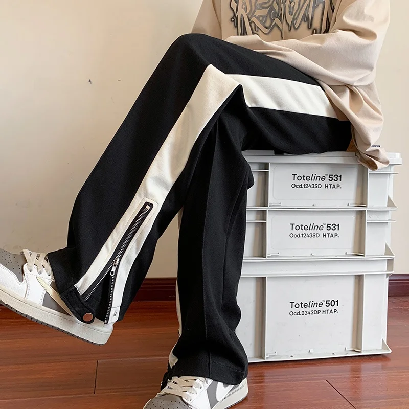 

Men's Straight Leg Casual Pants Spring Autumn High Waist Trousers American Splice Color Colion Long Pants Breathable