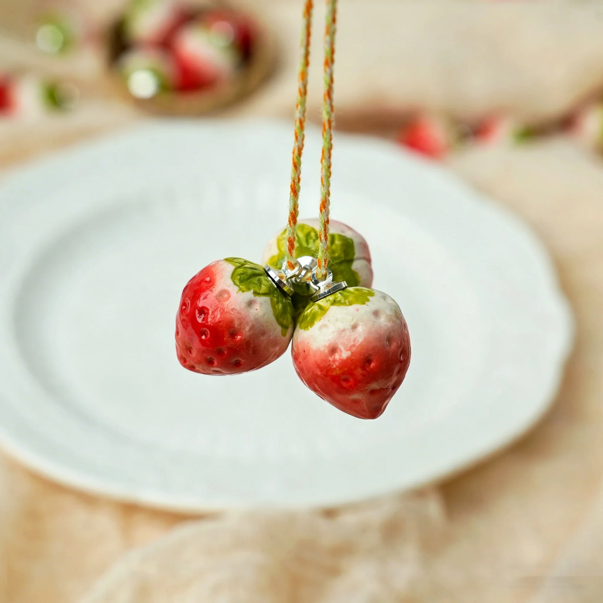 5pcs Handmade Ceramic Strawberry Pendant, Fruit Charms, DIY Bracelet Necklace Earring Findings view 3