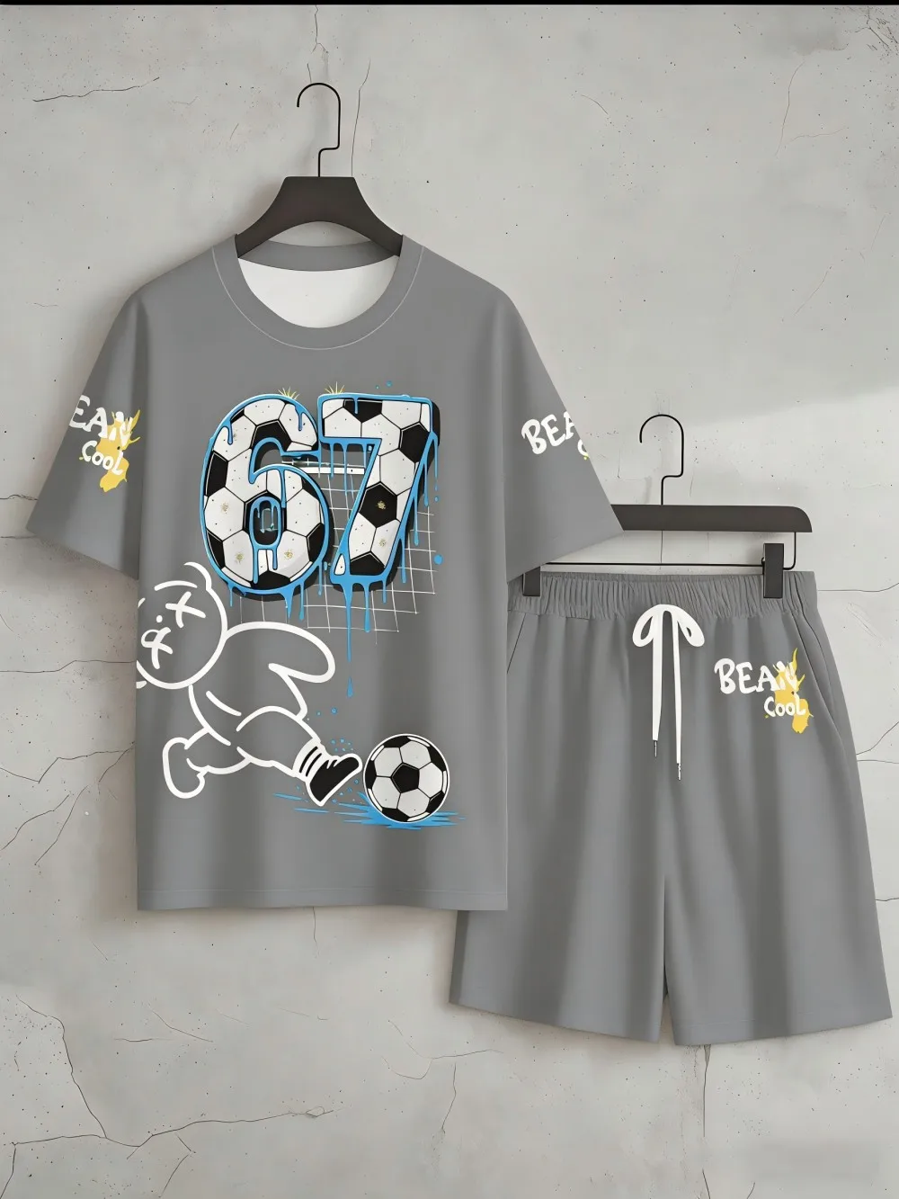Men's summer teddy bear letter print comfortable breathable round neck T-shirt drawstring shorts set outdoor casual wear view 4