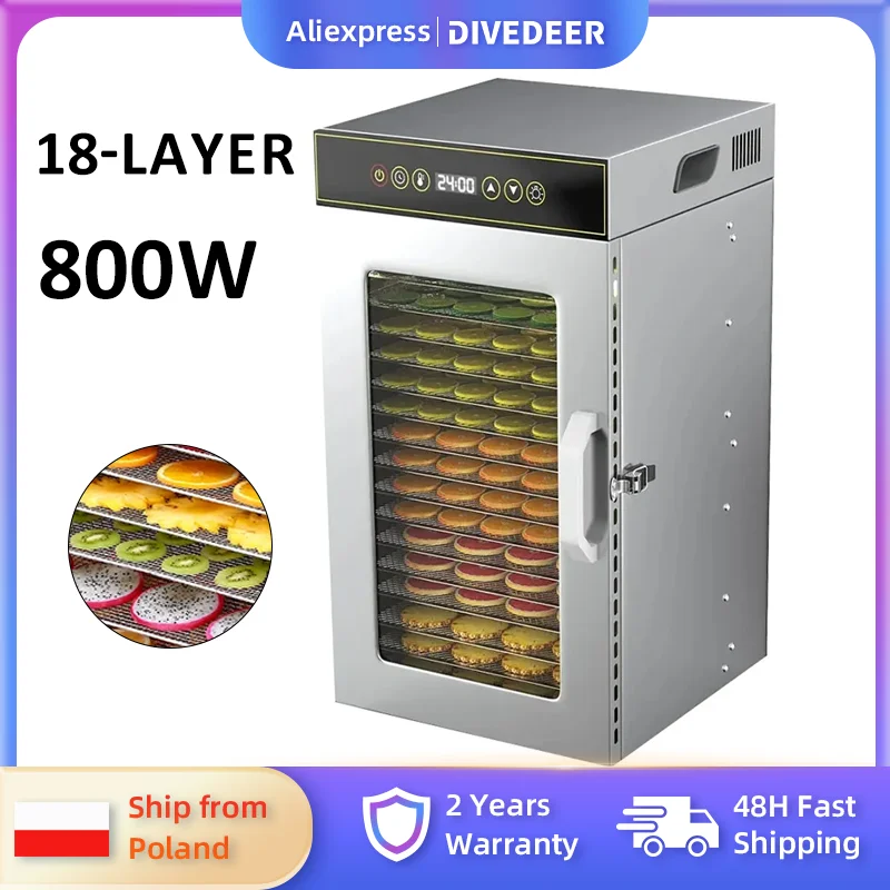DIVEDEER Secador de alimentos doméstico de acero inoxidable de 18 capas ajustable 30 ~ 90 ° C Temp 800W de potencia para secado al aire de frutas, verduras y carne