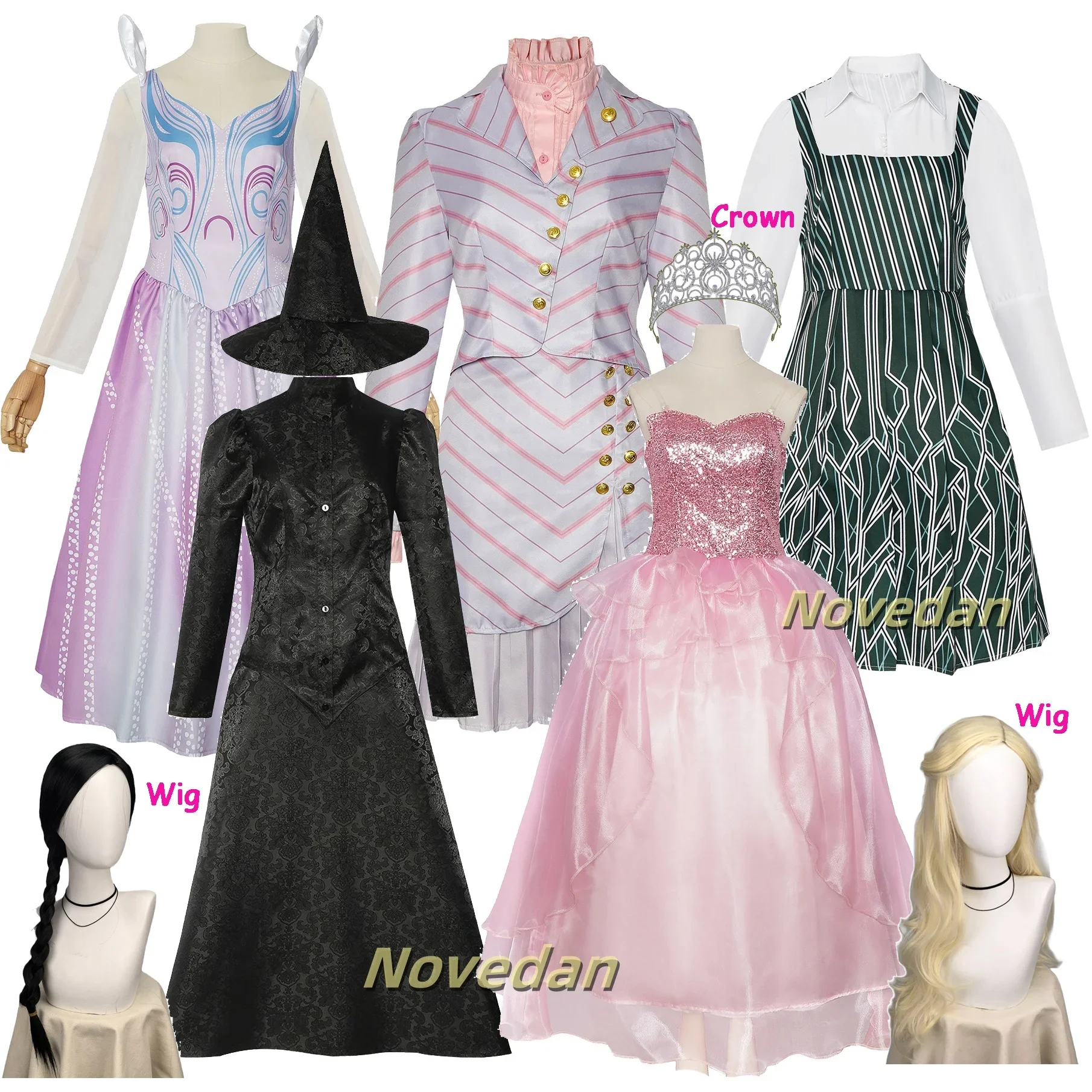 Wicked Glinda Cosplay Costume Pink Wed Princess Dress Crown Elphaba Witch Costume Robe Hat Fiyero Nessarose Party Dress Wig