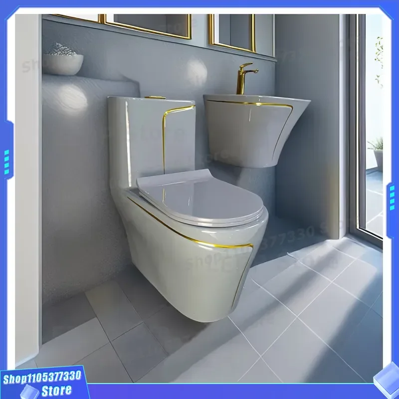 Modern Square Integrated Ceramic Toilet Set Grey Gold Line Floor Mounted Bathroom Sanitary Ware One Piece Flush Commode Basin