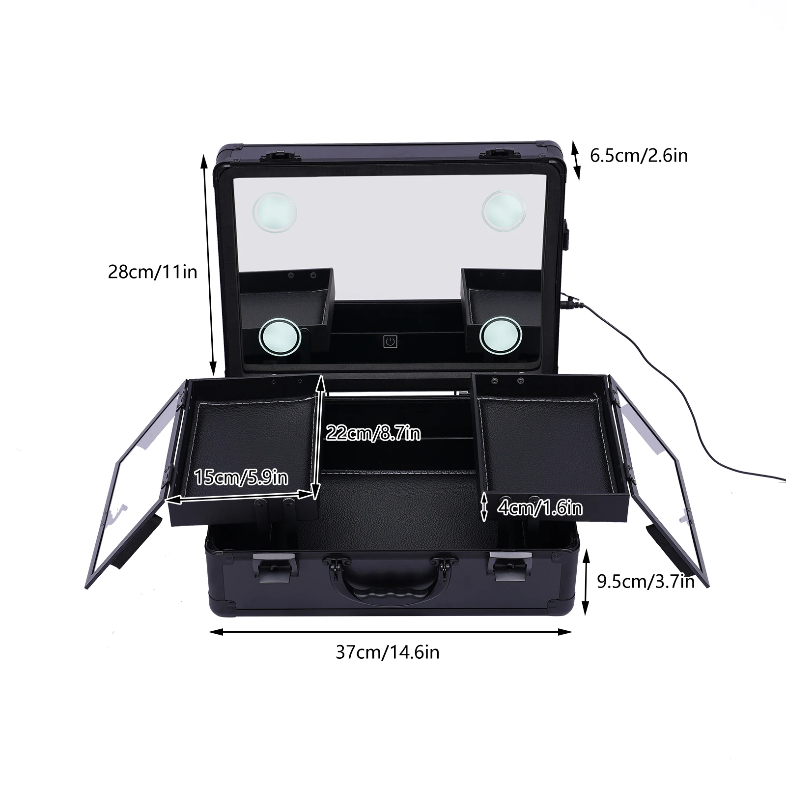 Black Portable LED Lighted Makeup Train Case with Adjustable Vanity Mirror - Large Capacity Cosmetic Organizer