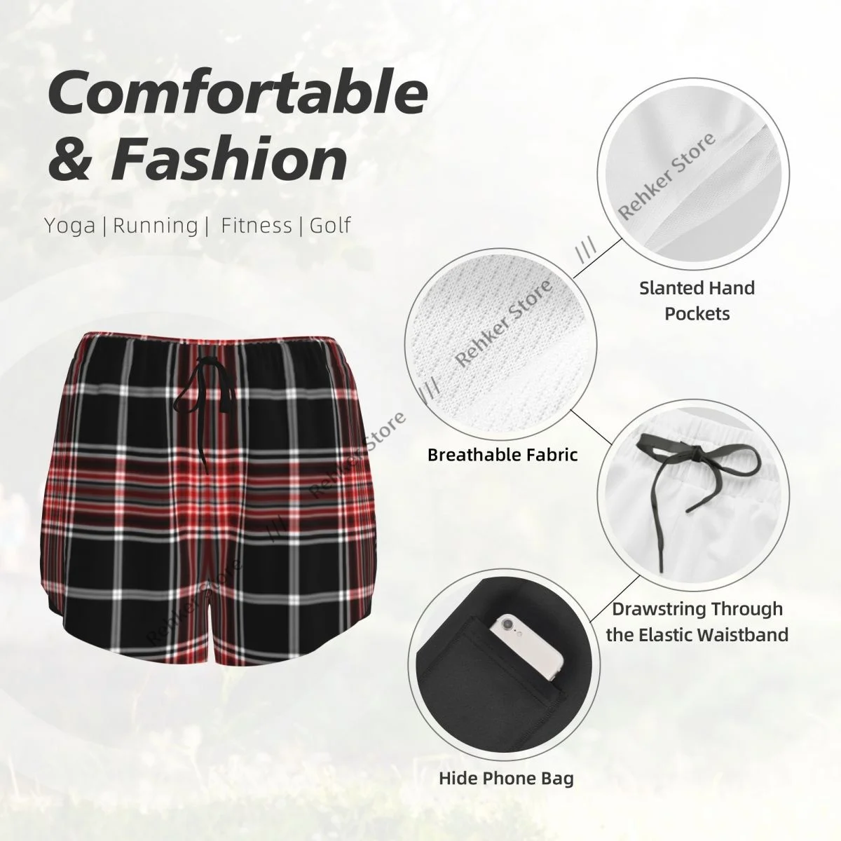 Nostalgic Striped Plaid Women's Double Layered Quick-Dry Athletic Shorts for Outdoor Leisure Running Fitness Workout Sport