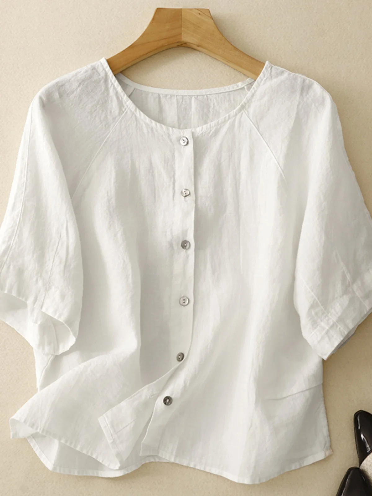 

Korean Sle Pure Flax ort Sve round Ne irt Women's Summer Thin Lightweight Color ort Length Casual Top