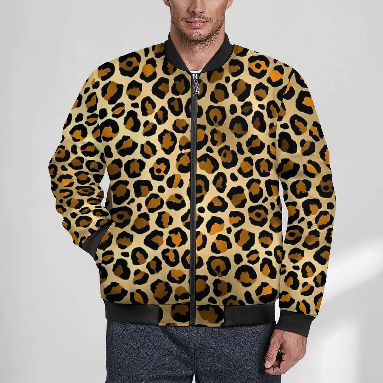 Orange Leopard Print Jackets Autumn  Modern Casual Coats Mens Zipper Loose Windbreakers Custom Oversized Jacket