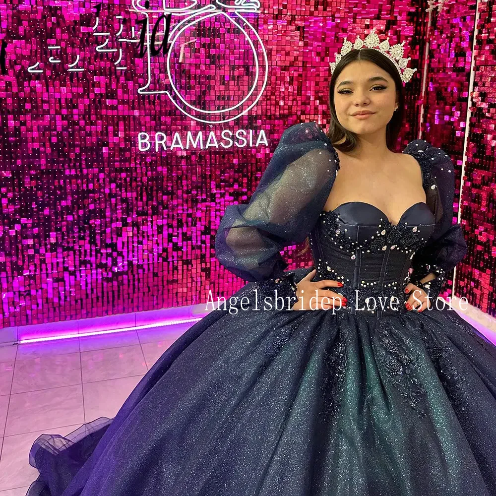 Angelsbridep Navy Blue Appliques Ball Gown 15Years Old Quinceanera Dresses Long Sleeves With 3D Flowers Birthday