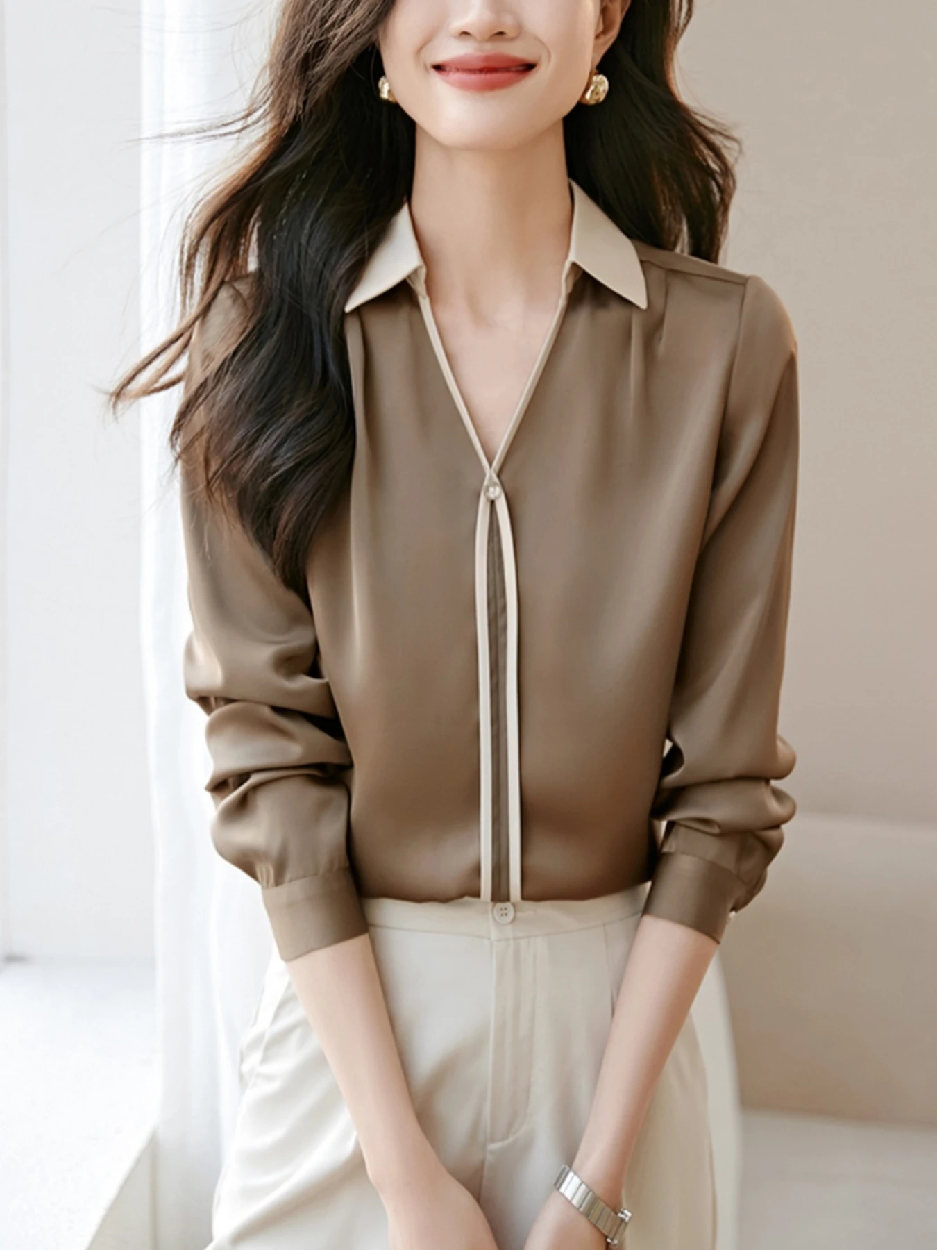 Women Contrast Collar Satin Blouse Long Sleeve V Neck Puff Cuff Elegant Office Workwear Button Casual Shirt Tops