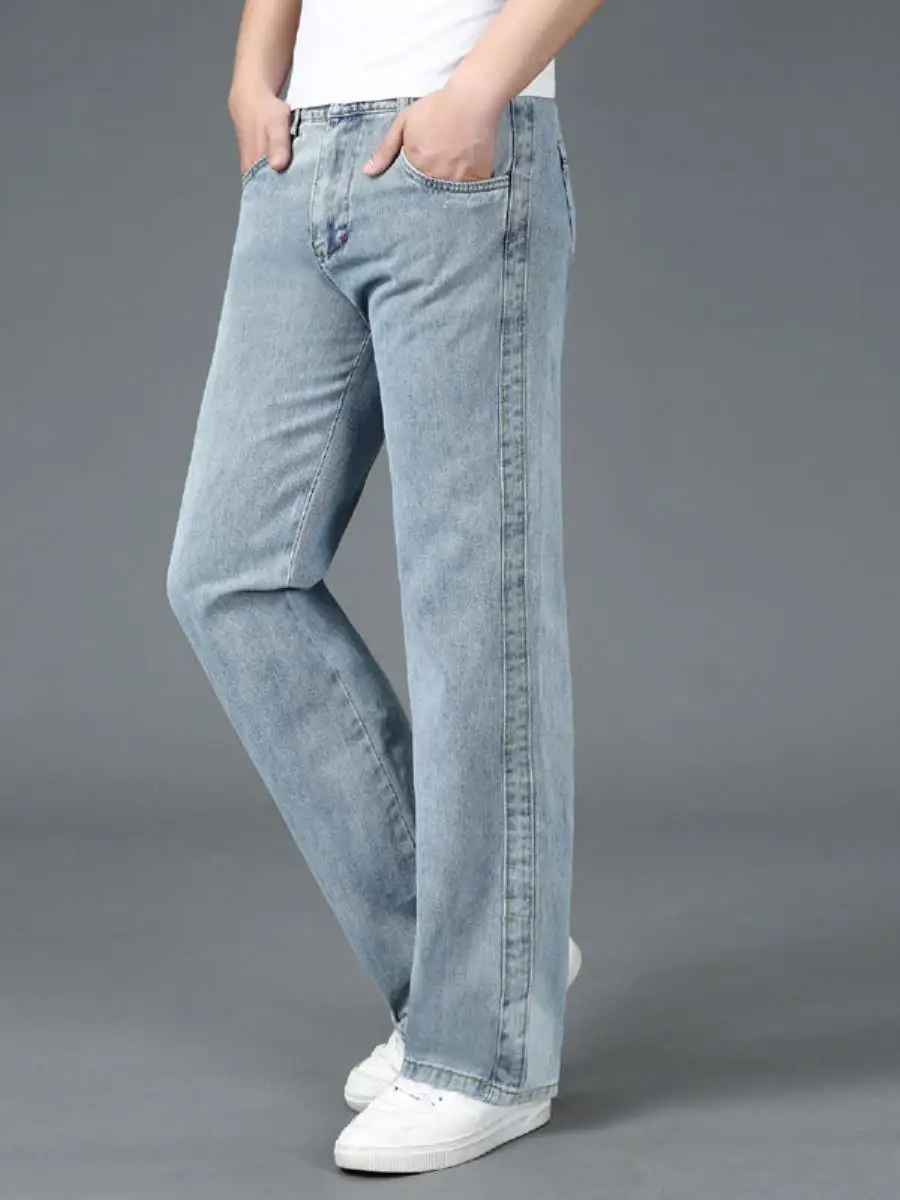 Men's Winter Thickened Loose Straight Leg Jeans Elastic Waist Versatile Long Pants Design Sensation Casual Fashion Outerwear